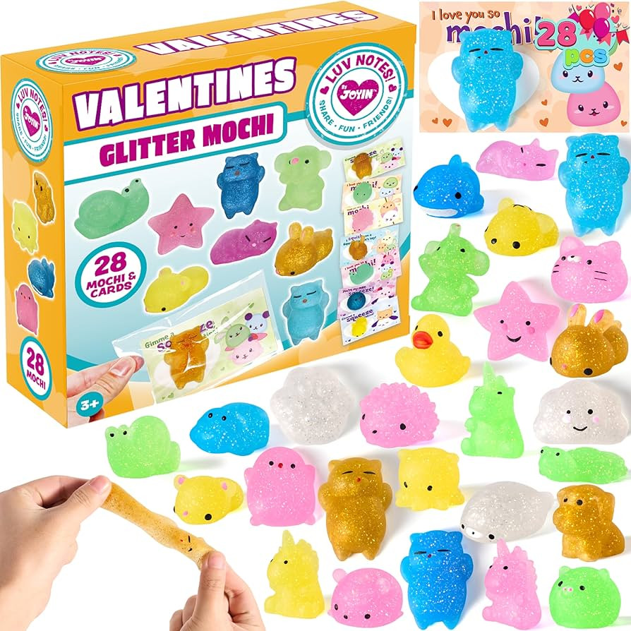 JOYIN 28 Packs Valentine's Day Gift Cards with Glitter Mochi Squishy Toys to Squeeze, Kawaii Stre... | Amazon (US)