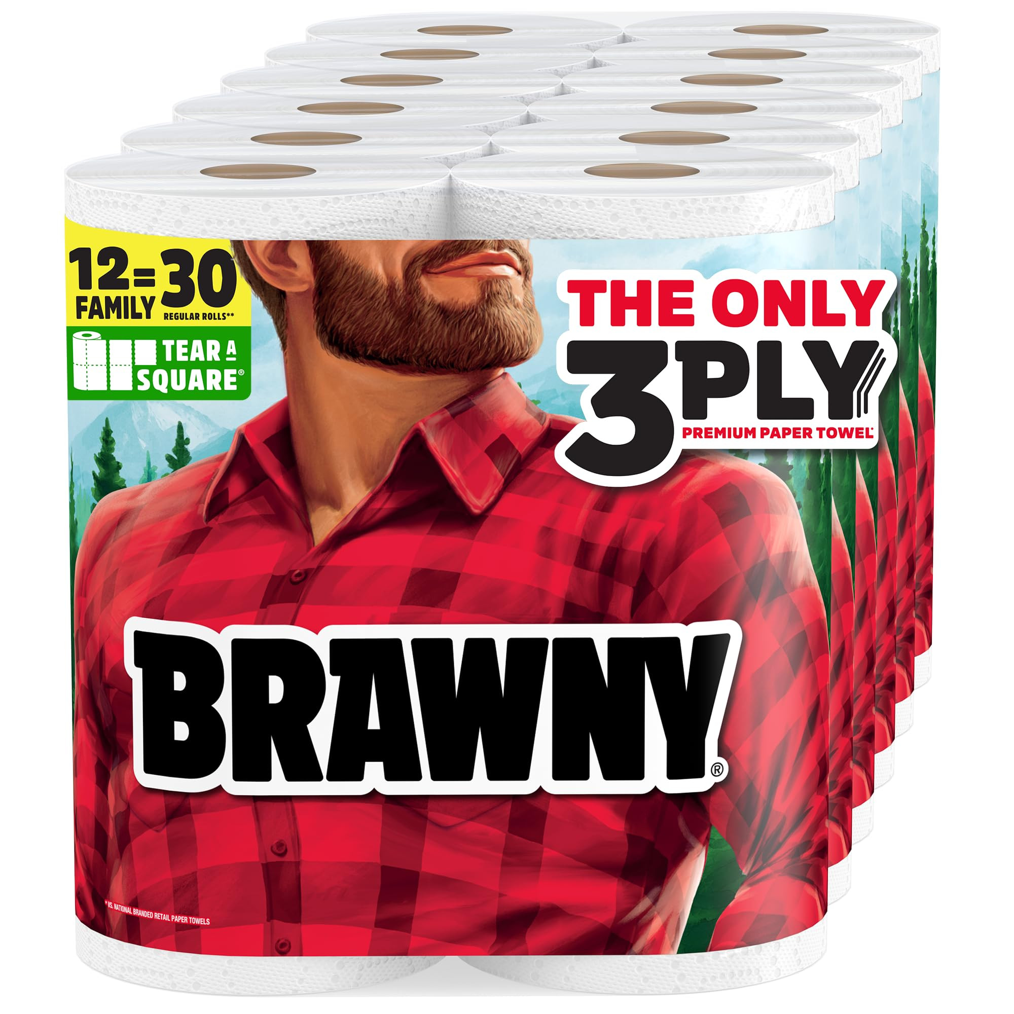 Brawny Tear-A-Square 3-Ply Paper Towels, 12 XL Family Rolls = 30 Regular Rolls, Strong, Absorbent... | Amazon (US)