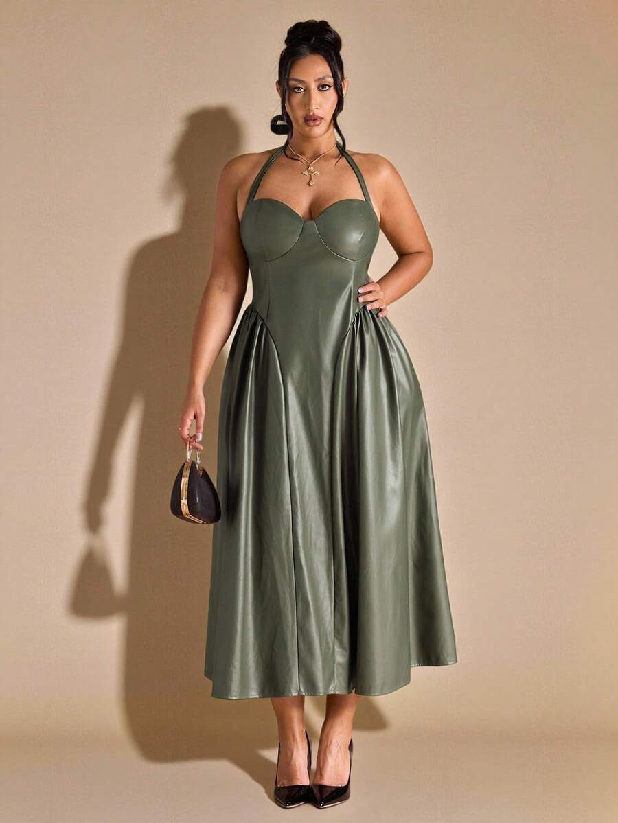 SHEIN BAE Plus Elegant & Party & Gathering Sexy Solid Black Slim Sleeveless Cutout PU Dress For W... | SHEIN