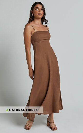 Brette Midi Dress - Linen Look Straight Neck Strappy Fit And Flare Dress in Tobacco | Showpo (US, UK & Europe)