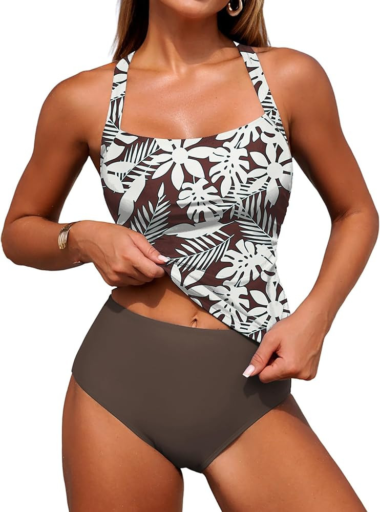 ZAFUL Women's Tankini Swimsuits Tummy Control Swimwear Two Piece Bathing Suits Swim Top with High... | Amazon (US)