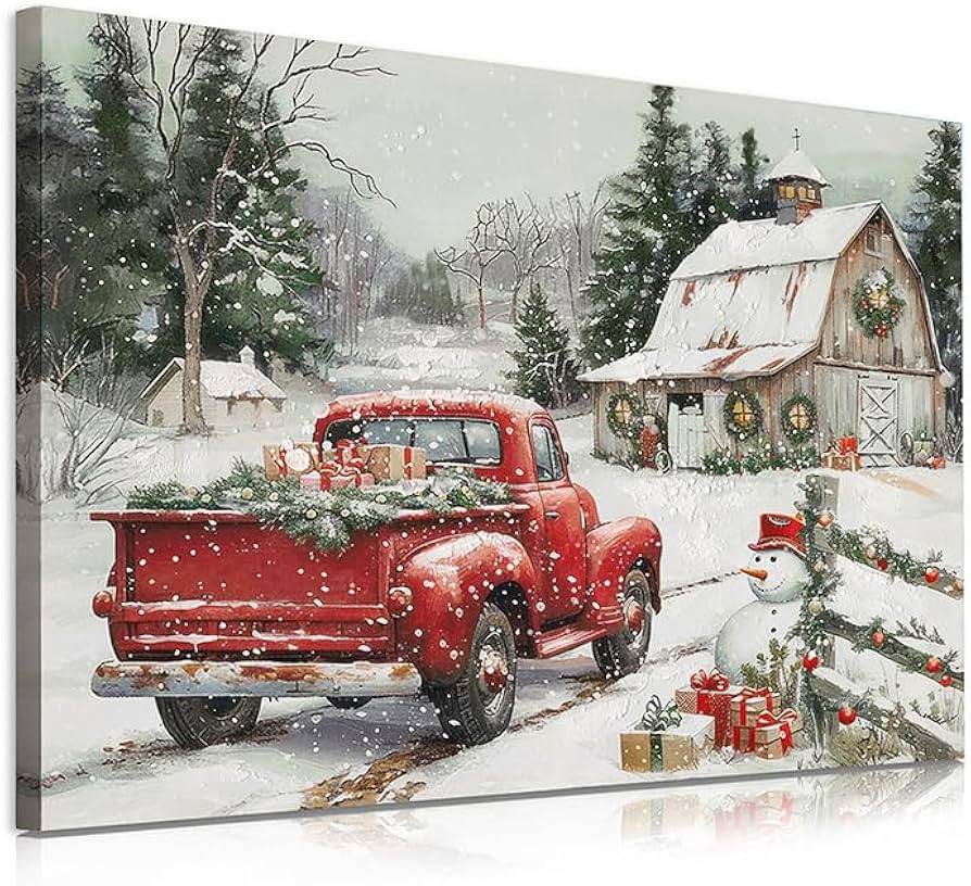 Framed Farmhouse Christmas Wall Decor - Red Truck Carrying Gifts Old White Barn with Festival Orn... | Amazon (US)