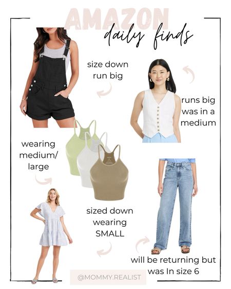 Todays story try on:
Me: 5’3”
Weight; 135
Usually medium, 6/8

Overalls: wearing small
Jeans: wearing size 6
Vest; wearing medium (runs big)
Tanks: wearing medium/large
Dress: runs big- wearing a small

#amazonfinds #targetfinds #summer 