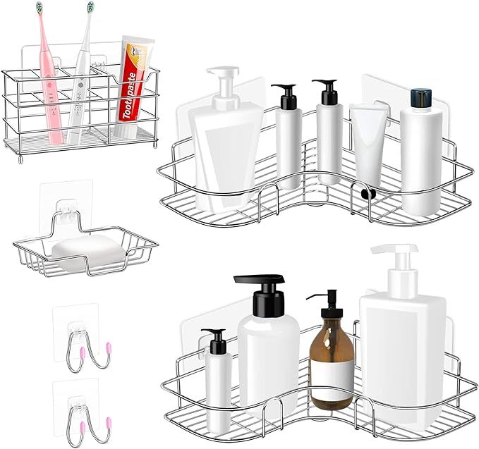 CGBE Corner Shower Caddy & Soap Dish Holder & Electric Toothbrush Holder & Adhesive Hooks No Dril... | Amazon (US)