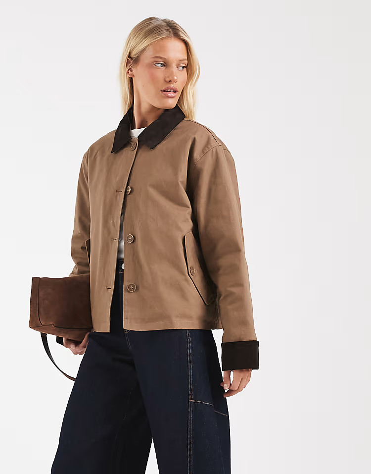 \u203a Topshop zip through barn jacket with contrast PU collar in tan - TAN | ASOS (Global)