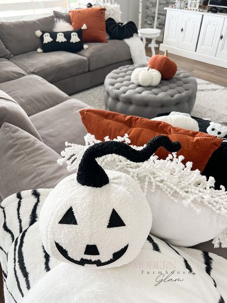 The cutest jack-o’-lantern pumpkin Halloween pillow! Modernfarmhouseglam
Sofa, couch, sectional ottoman, rug, pillows, fall decor, ghost  tufted ottoman  

#LTKSeasonal #LTKhome #LTKFind