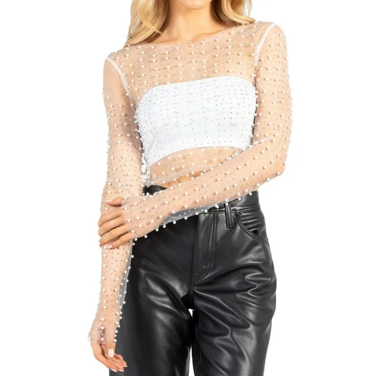 Women Pearl Rhinestone Sheer Mesh Crop Top Sexy See Through Long Sleeve Slim Fit Cropped Blouse S... | Walmart (US)