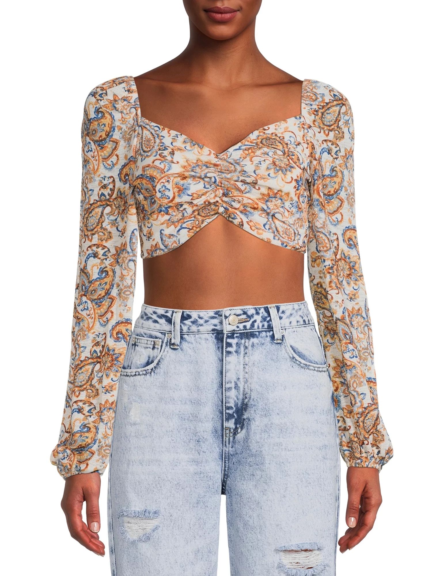 Almost Famous Junior' Cropped Ruched Faux Button Front Top with Balloon Sleeves - Walmart.com | Walmart (US)