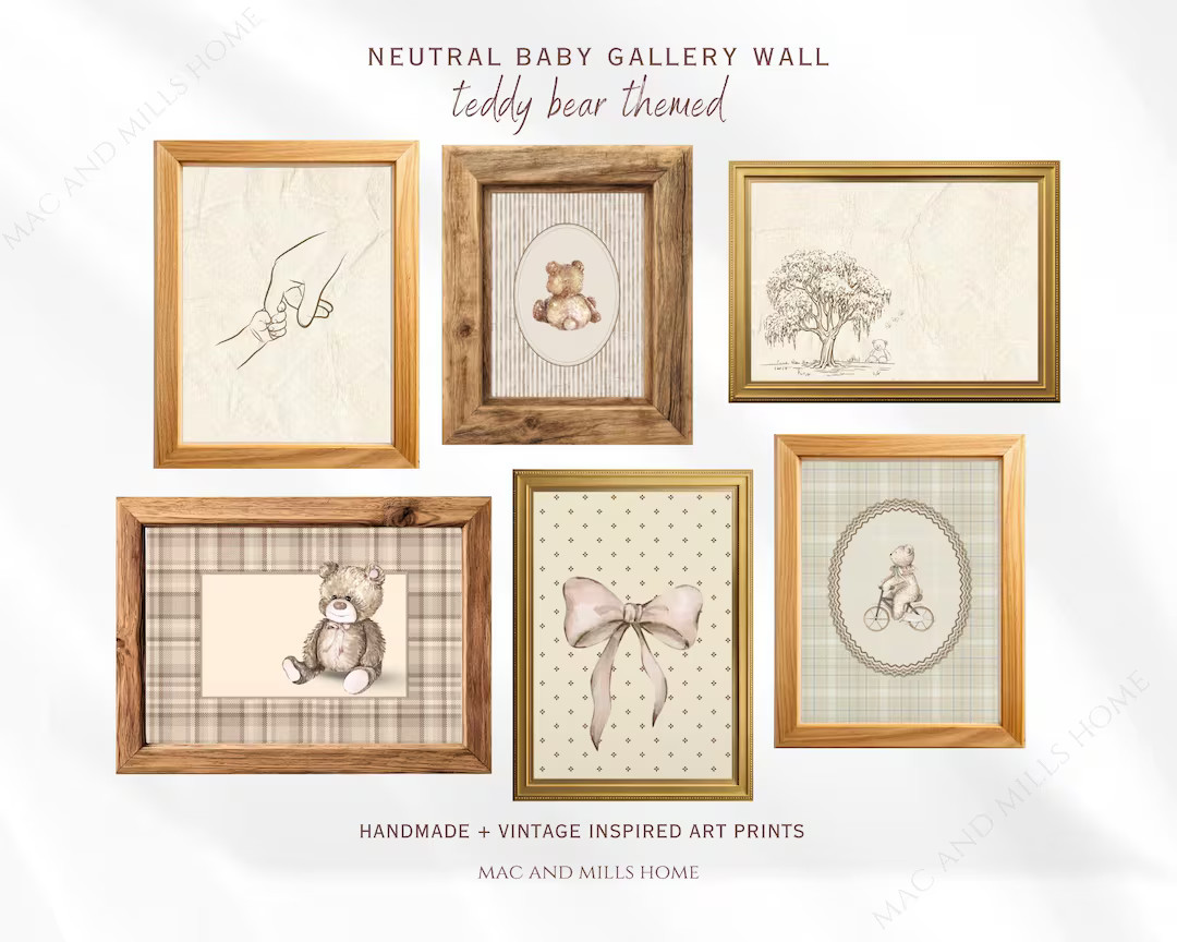 Neutral Teddy Bear Nursery Prints | Minimalist Baby Wall Art | Beige Striped Bear Decor | Printab... | Etsy (US)