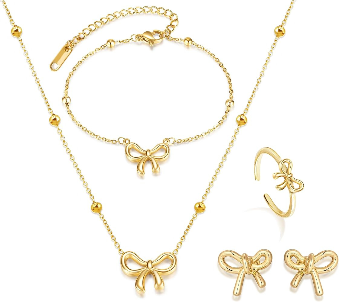 Bow Necklace Earrings Bracelet Set Bow Jewelry Set for Women Bowknot Pendant Chain Necklace Ribbo... | Amazon (US)
