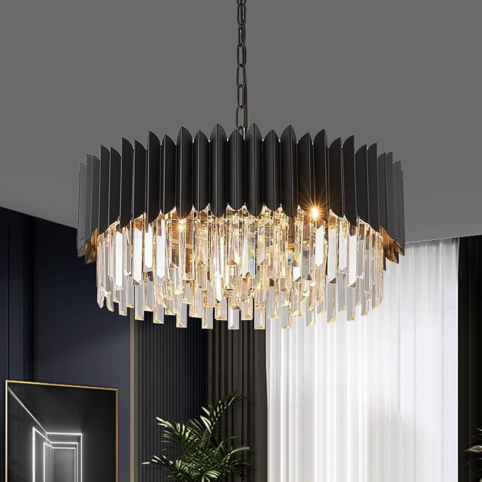 10-Light 3-Tier Modern Large Crystal Chandelier Black Metal E12 Semi Flush Mount Round Ceiling Li... | Amazon (US)