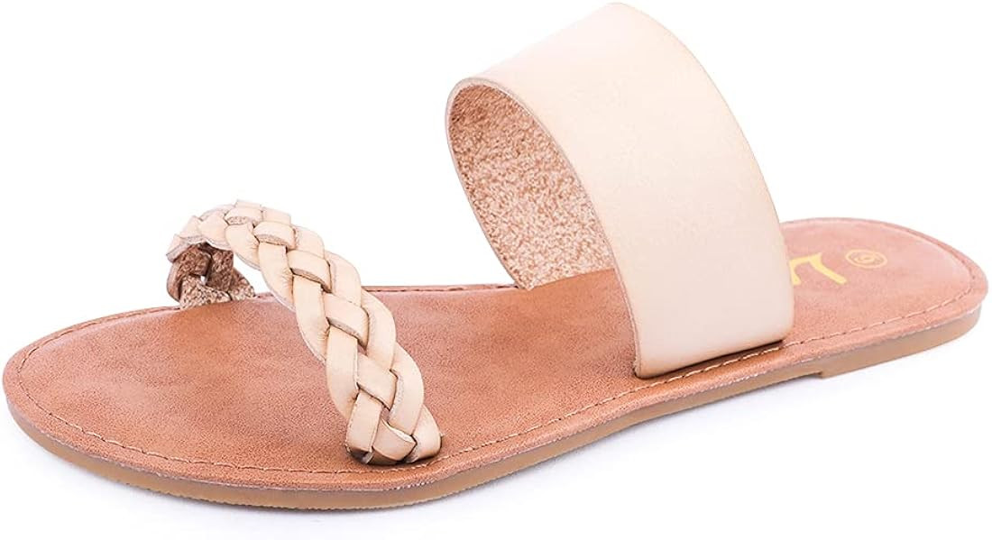 Women's Braided Slide Sandals Open Toe Two Strap Slip On Flat Sandals Casual Summer Shoes | Amazon (US)