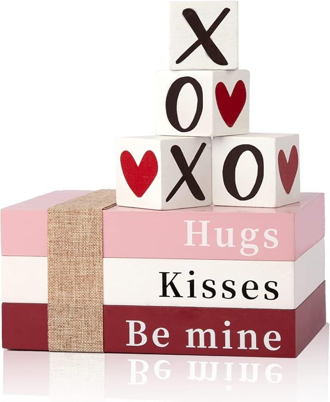 DAZONGE Valentine Decorations, Valentine Tiered Tray Decor - 1 Set of Book Stack Wooden Sign, 4PC... | Amazon (US)