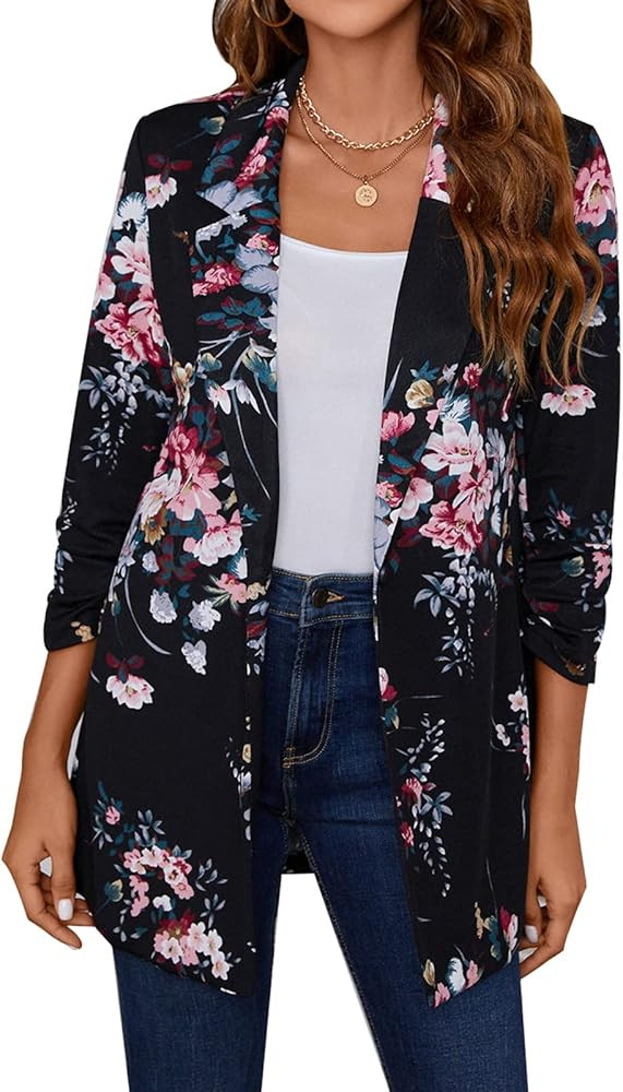 Unifizz Women's Long Ruched Sleeve Blazers Open Front Lightweight Slim Lapel Button Blazer Work O... | Amazon (US)