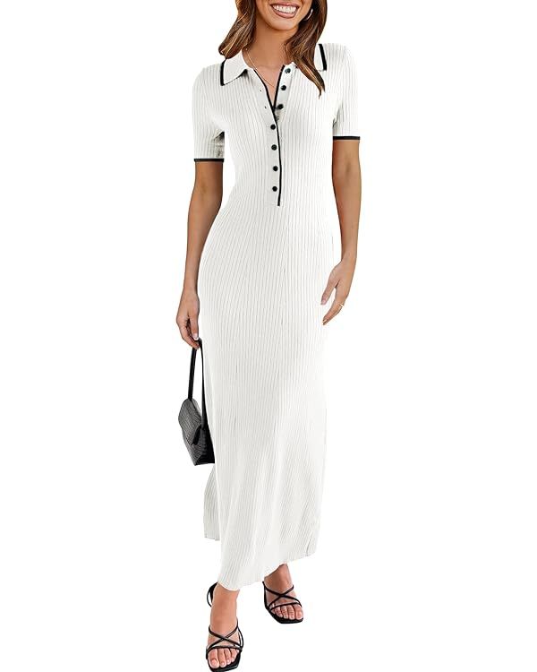 Saodimallsu Womens Short Sleeve Maxi Dress Summer Bodycon Button V Neck Collared Knit Elegant Par... | Amazon (US)