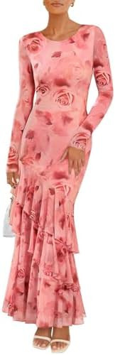 ZESICA Women's Fall Floral Wedding Guest Bodycon Dresses 2025 Long Sleeve Crewneck Mesh Ruffle Me... | Amazon (US)