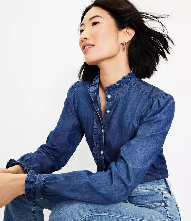 Chambray Ruffle Shirt | LOFT