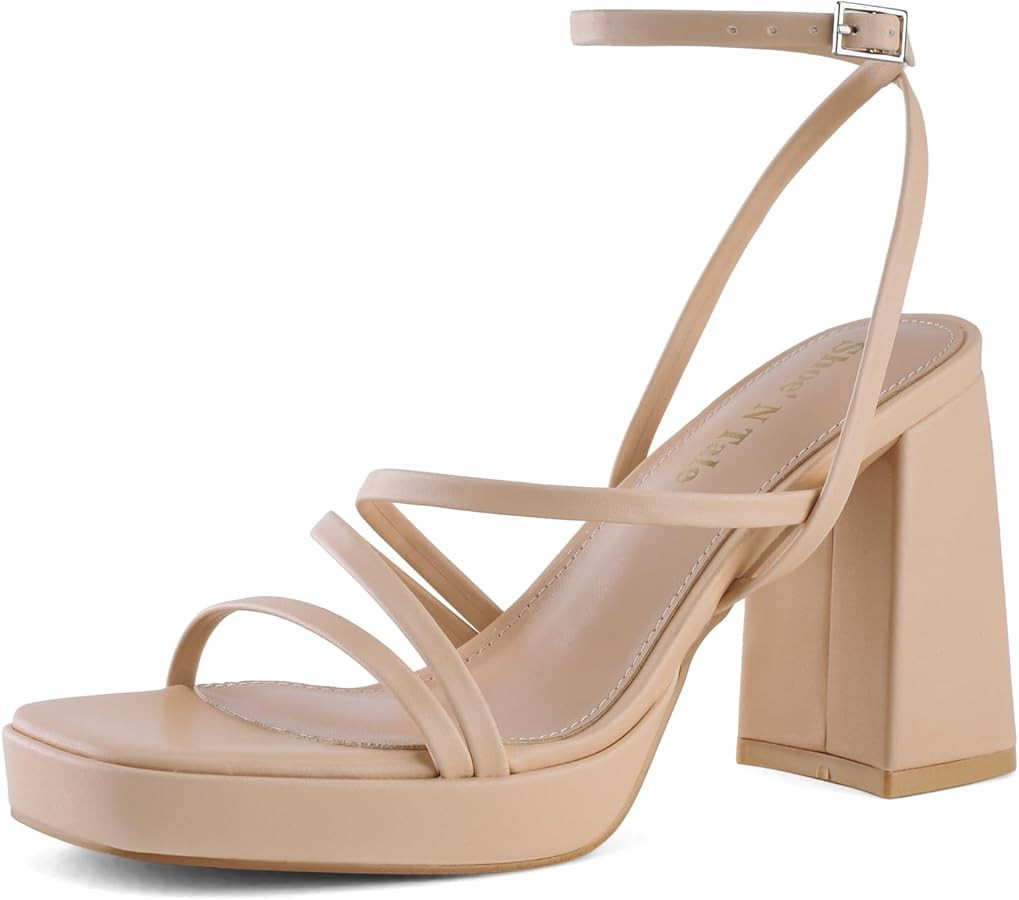 Shoe'N Tale Platform Heels for Women Strappy Block Chunky Heels Square Toe Ankle Buckle Sandals | Amazon (US)