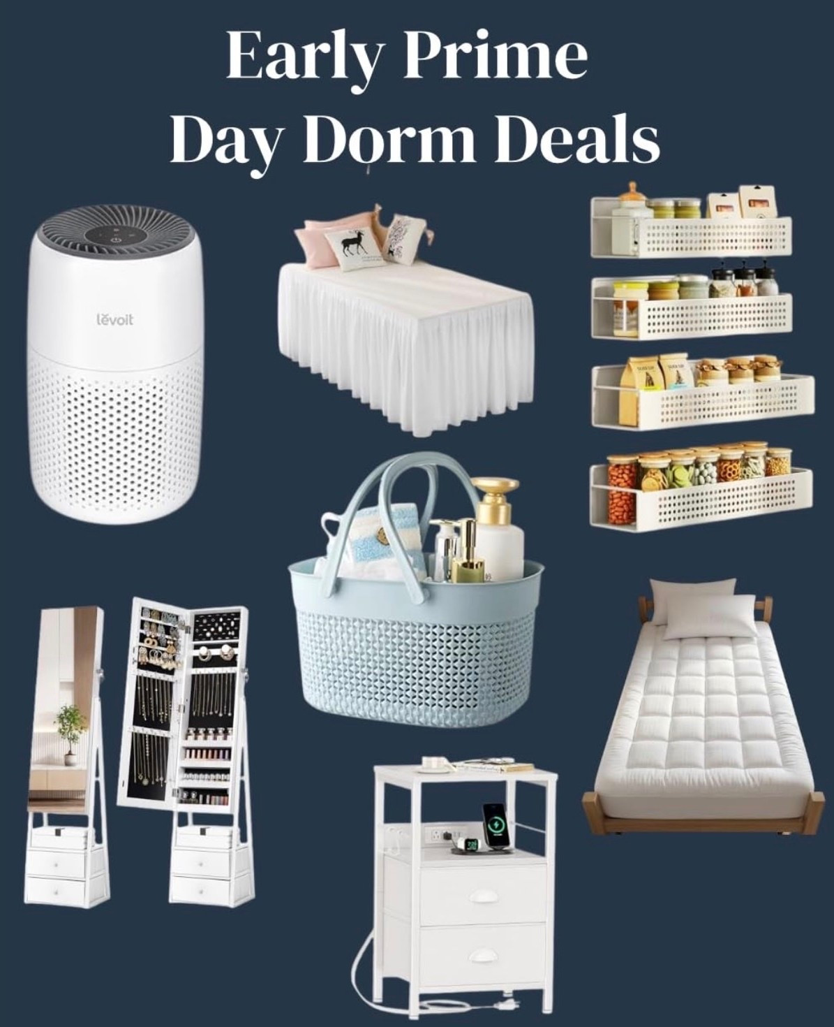 Early Prime Day dorm deals worth grabbing before move-in season. Air purifier, dorm bed skirt, magnetic fridge organizers, shower caddy, mattress topper, charging nightstand, and jewelry storage mirror. Practical dorm room essentials that help maximize space, improve organization, and make dorm life more comfortable.

#LTKU #LTKSaleAlert #LTKHome
