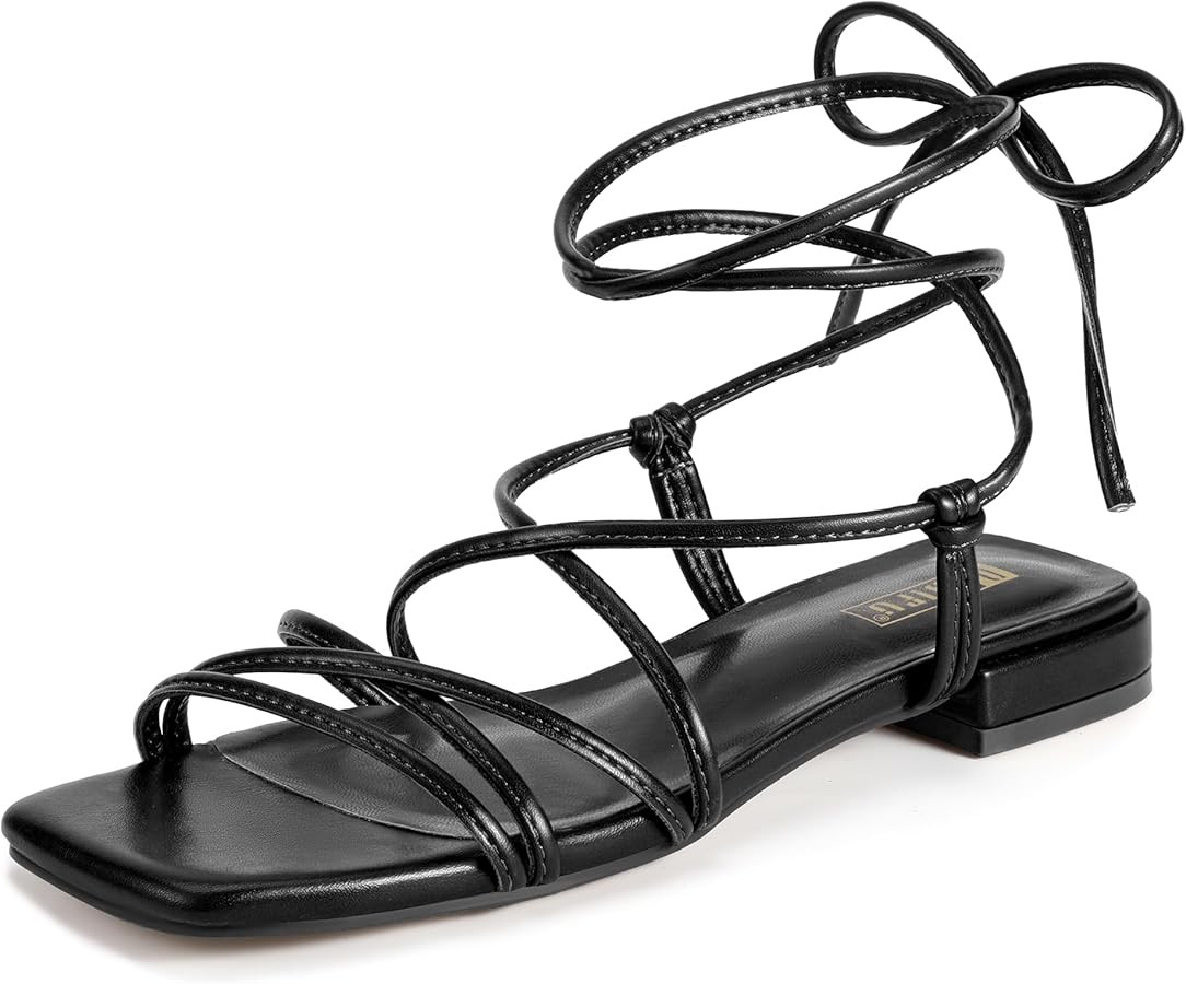 IDIFU Strappy Lace Tie Up Square Toe Ankle Wrap Flat Sandals for Women | Amazon (US)