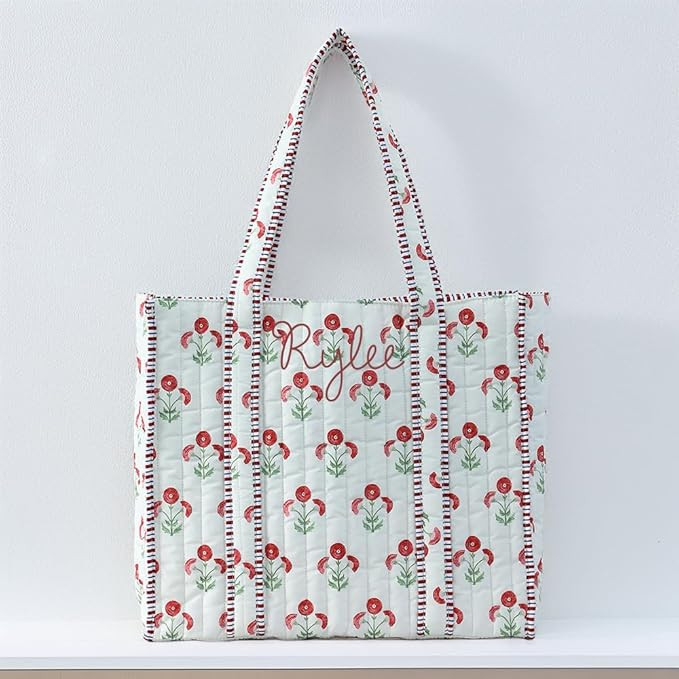 Threadart Personalized Quilted Red Block Print Tote Bag - Embroidered with Initials or Name - 16"... | Amazon (US)