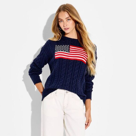Women's Crewneck American Flag Pullover Sweater - Wild Fable Navy Blue Flag | Poshmark