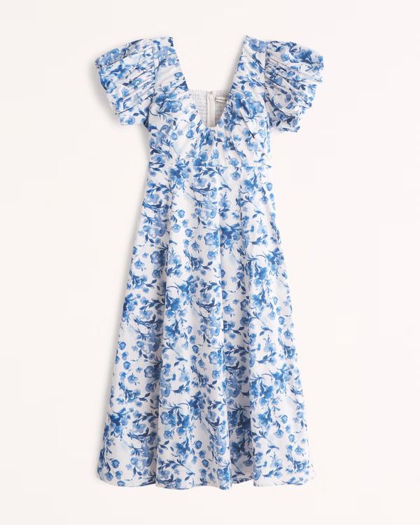 Puff Sleeve Plunge Midi Dress | Abercrombie & Fitch (US)