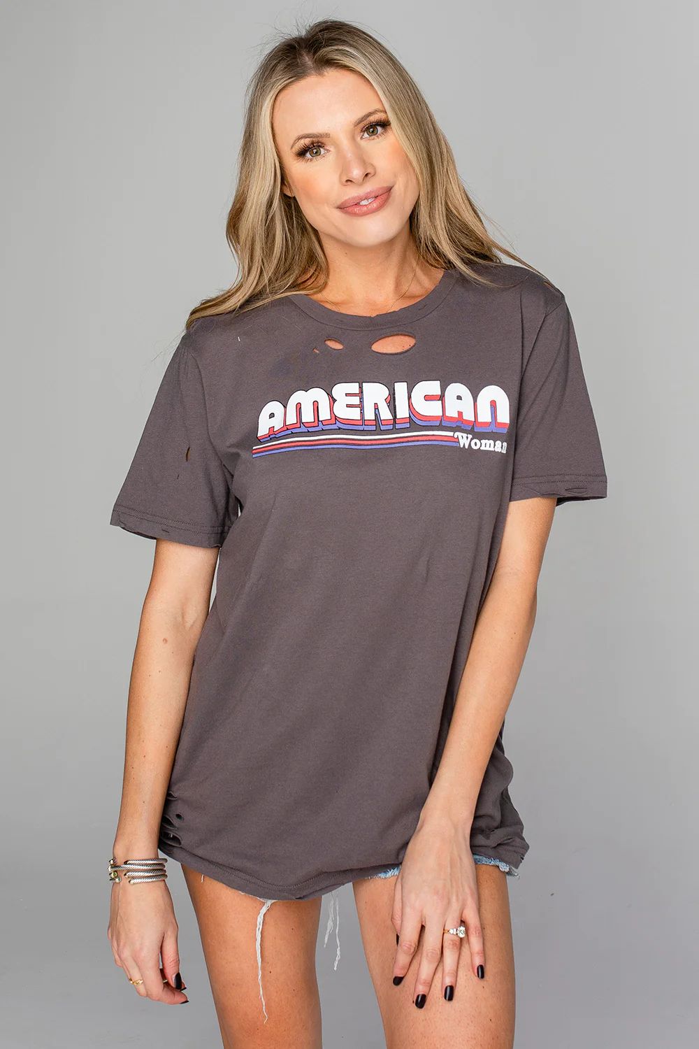 Russell Distressed Graphic Tee - American Woman | BuddyLove