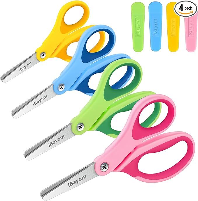 Kids Scissors, iBayam 5" Kid Scissors with Cover, Safety Small scissors, Student Blunt Tip Scisso... | Amazon (US)