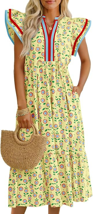 Wenrine Womens Summer Floral Midi Dresses Ruffle Cap Sleeve V Neck Striped Flowy Boho Casual Beac... | Amazon (US)