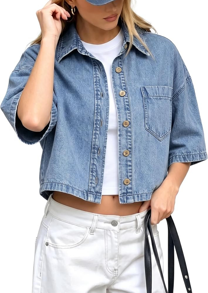 FOMELY Women Denim Jacket Short Sleeve Polka Dot Shirt Button Down Crop Top | Amazon (US)