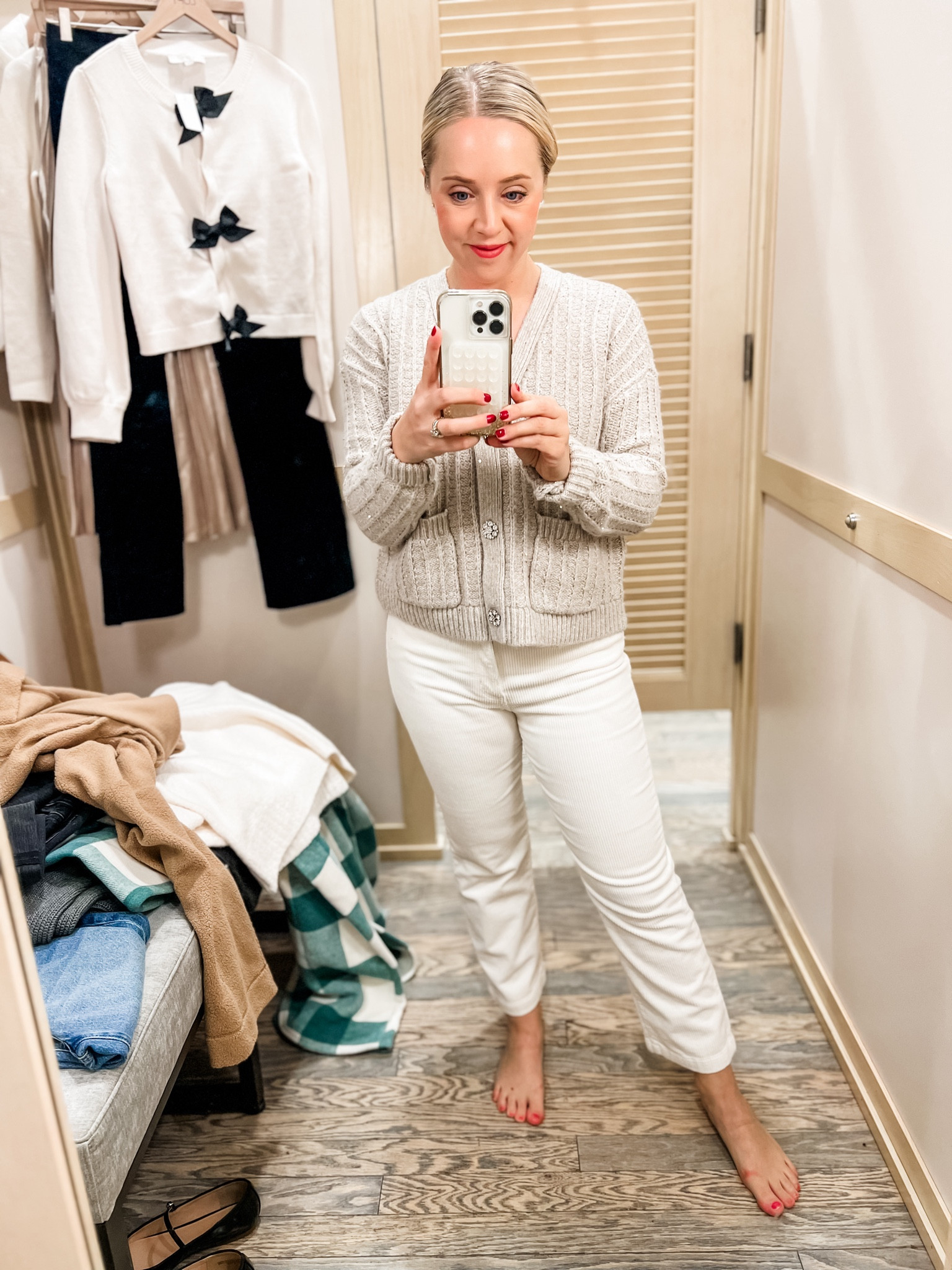 The jeweled buttons on this sweater are festive and I would wear to a holiday party! Sized down to xs petite. Corduroy pants fit tts. 50% off for cyber week!
Holiday party, holiday sweater, petite outfit, jeweled sweater, Loft  

#LTKHoliday #LTKCyberWeek #LTKSaleAlert