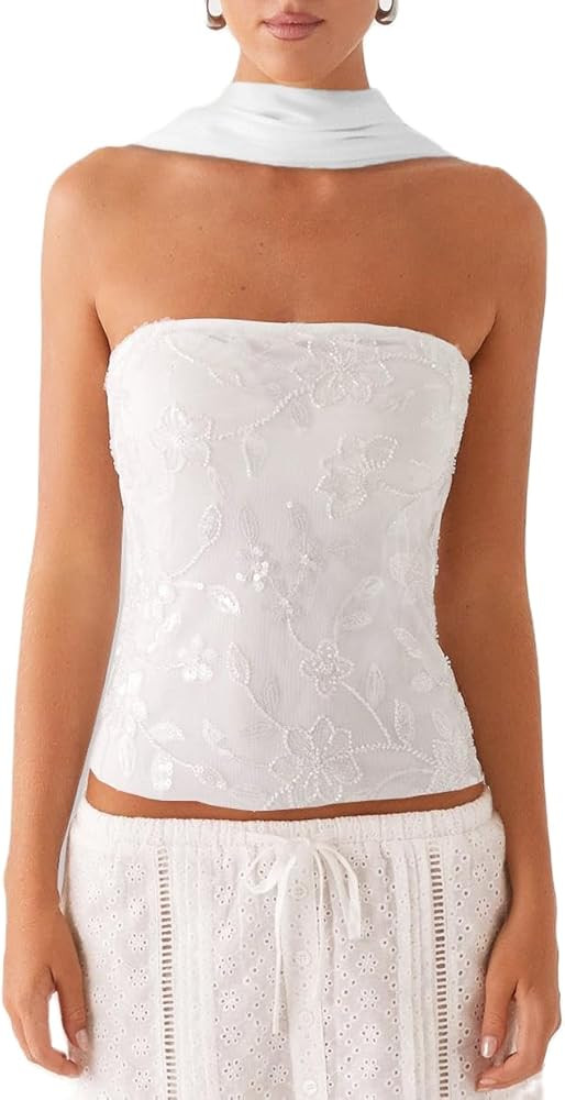 Women Y2K Sequin Strapless Tube Top Sparkly Beaded Floral Bandeau Top Pearl Rhinestone Going Out ... | Amazon (US)