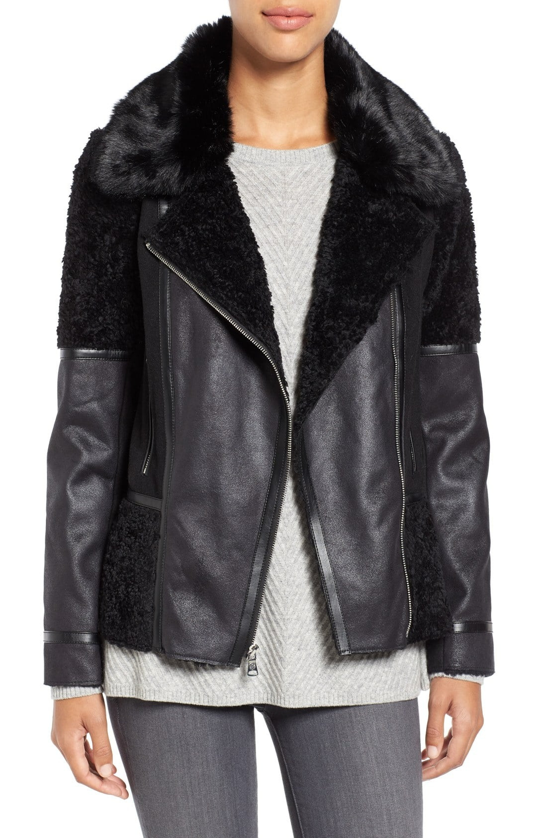 Mixed Media Faux Shearling Moto Jacket | Nordstrom