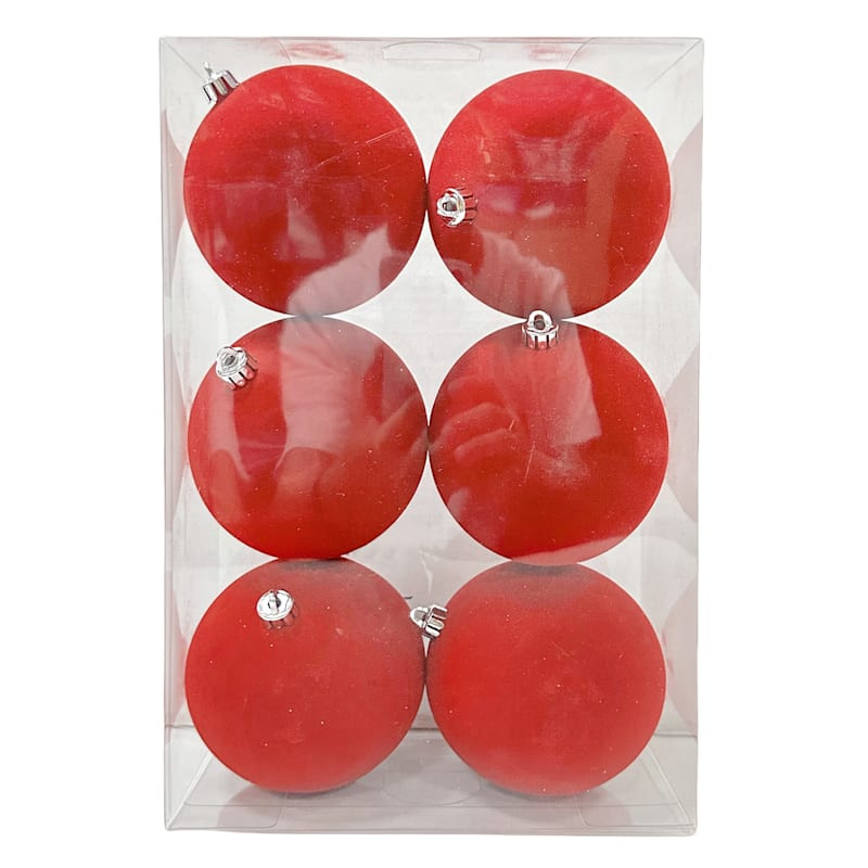 6-Count Red Flocked Ball Shatterproof Ornaments | At Home