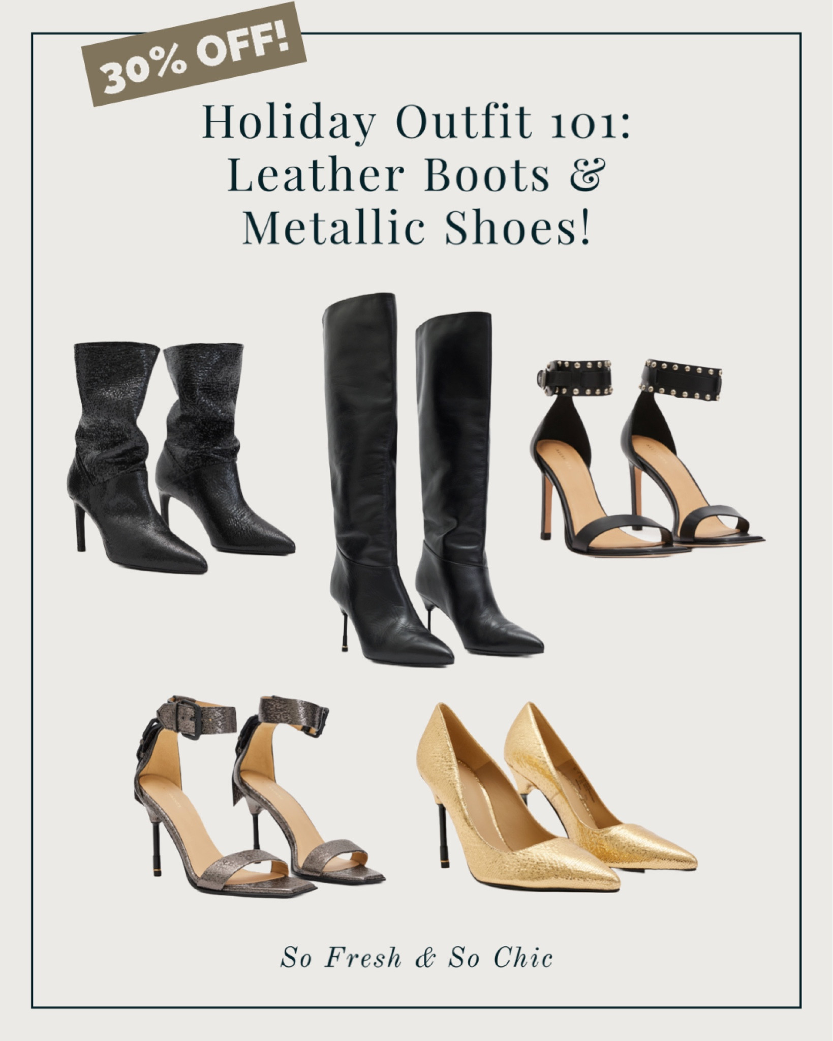 Holiday leather boots and metallic heels!
-
Shimmer leather knee high boots - slouchy leather heel boots - metallic gold leather pumps - gunmetal grey leather heels - black studded leather heels - holiday outfit - New Years Eve outfit - Christmas outfit - AllSaints - Black Friday sale - Cyber Week sale - women’s shoe sale 

#LTKshoecrush #LTKHoliday #LTKsalealert