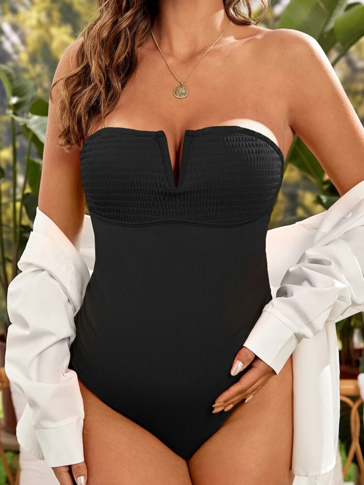 SHEIN Maternity V Cut Out Bandeau One Piece Swimsuit | SHEIN