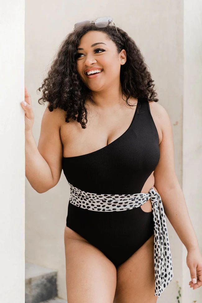 Tropic Sand Dunes Black Ribbed One Shoulder Animal Print Swimsuit | The Pink Lily Boutique