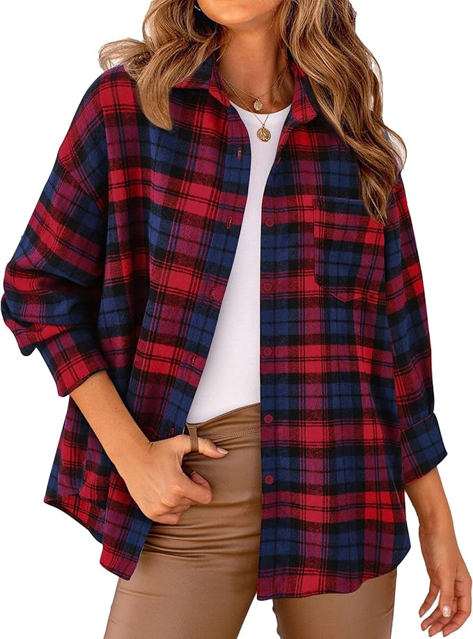 PRETTYGARDEN Women's Fall Button Down Plaid Shirts Collared Long Sleeve Loose Fit Cotton Casual G... | Amazon (US)