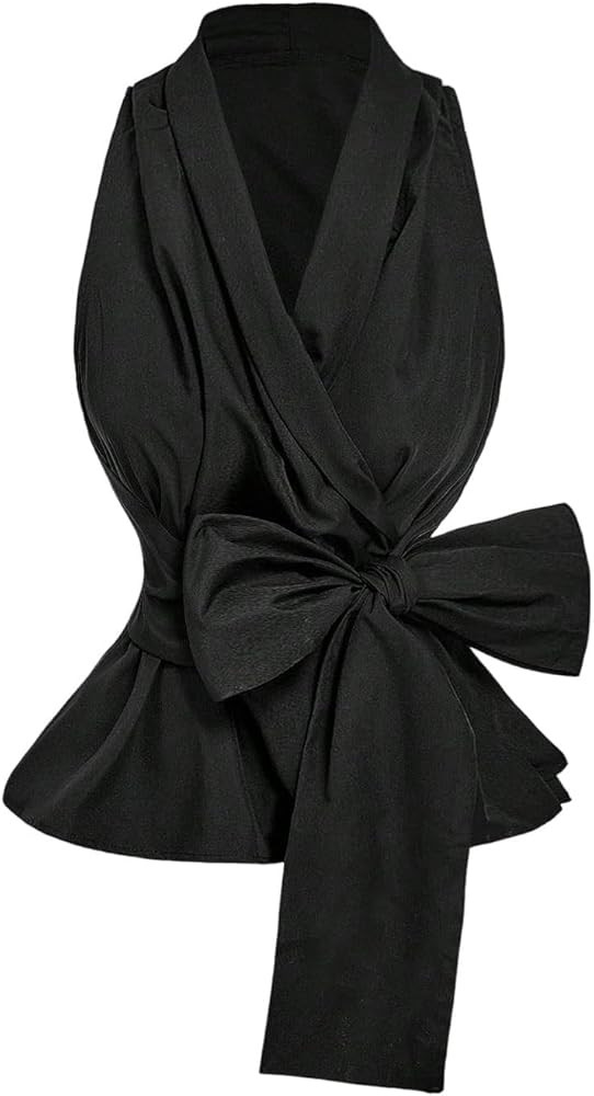 SOLY HUX Women's Tie Front Peplum Tank Top Wrap Collar V Neck Blouse | Amazon (US)
