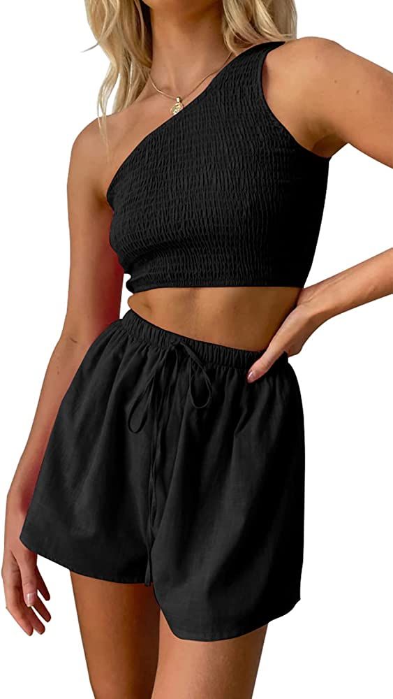 PRETTYGARDEN Women's 2 Piece Summer Outfits Casual One Shoulder Crop Top and High Waisted Shorts ... | Amazon (US)