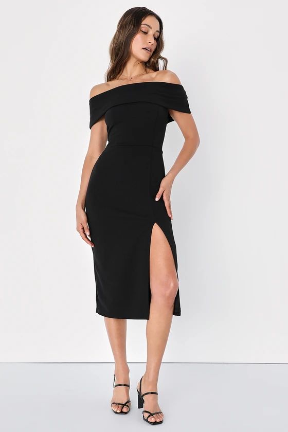 Luxe Attitude Black Off-the-Shoulder Bodycon Midi Dress | Lulus