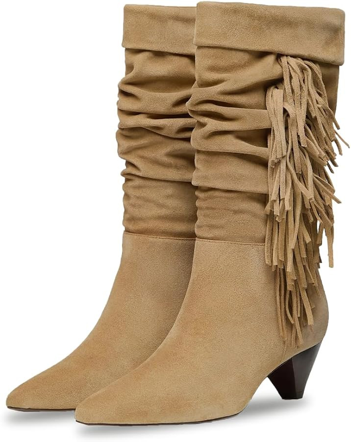 Womens Mid Calf Slouchy Boots Fringe Suede Pull On Booties Pointed Toe Low Chunky Heel Fall Boots... | Amazon (US)