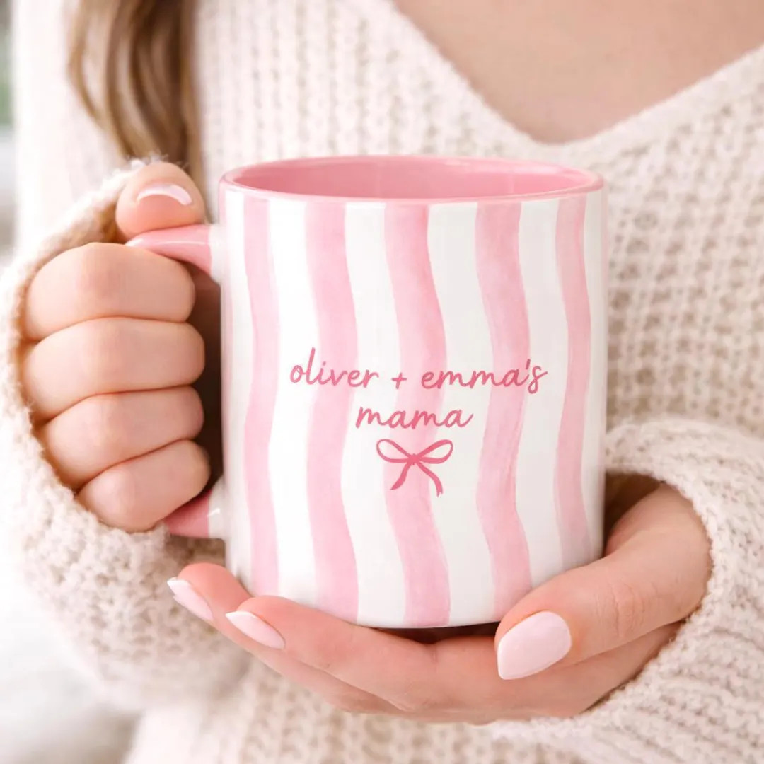 Pink Striped Mama Mug Personalized Kids Names Watercolor Bow Ceramic Coffee Cup Mothers Day - Ets... | Etsy (US)
