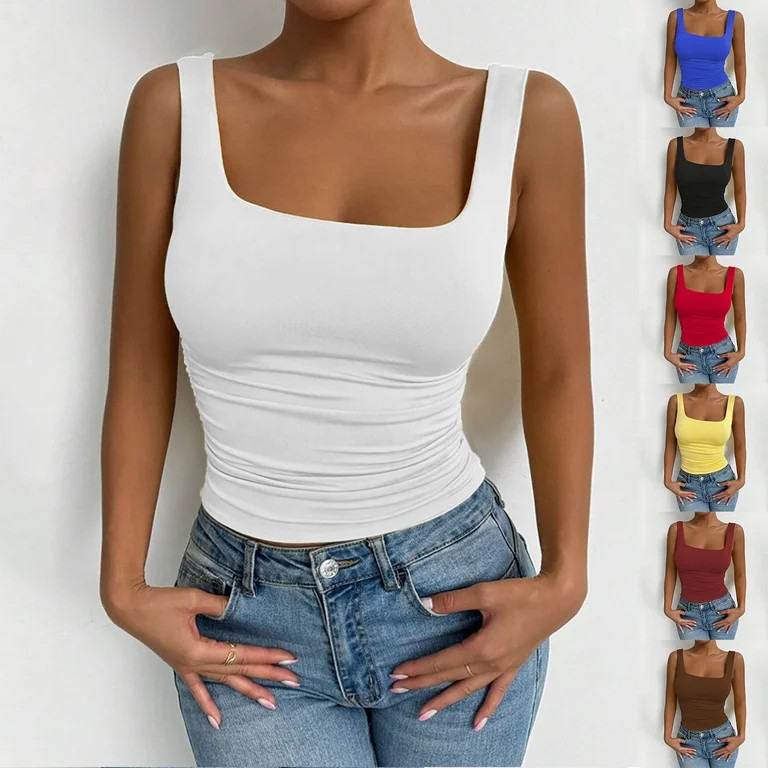 Aboser Womens Double Lined Basic Shirt Wide Strap Sleeveless Tank Tops Stretchy Slim Fitted T Shi... | Walmart (US)
