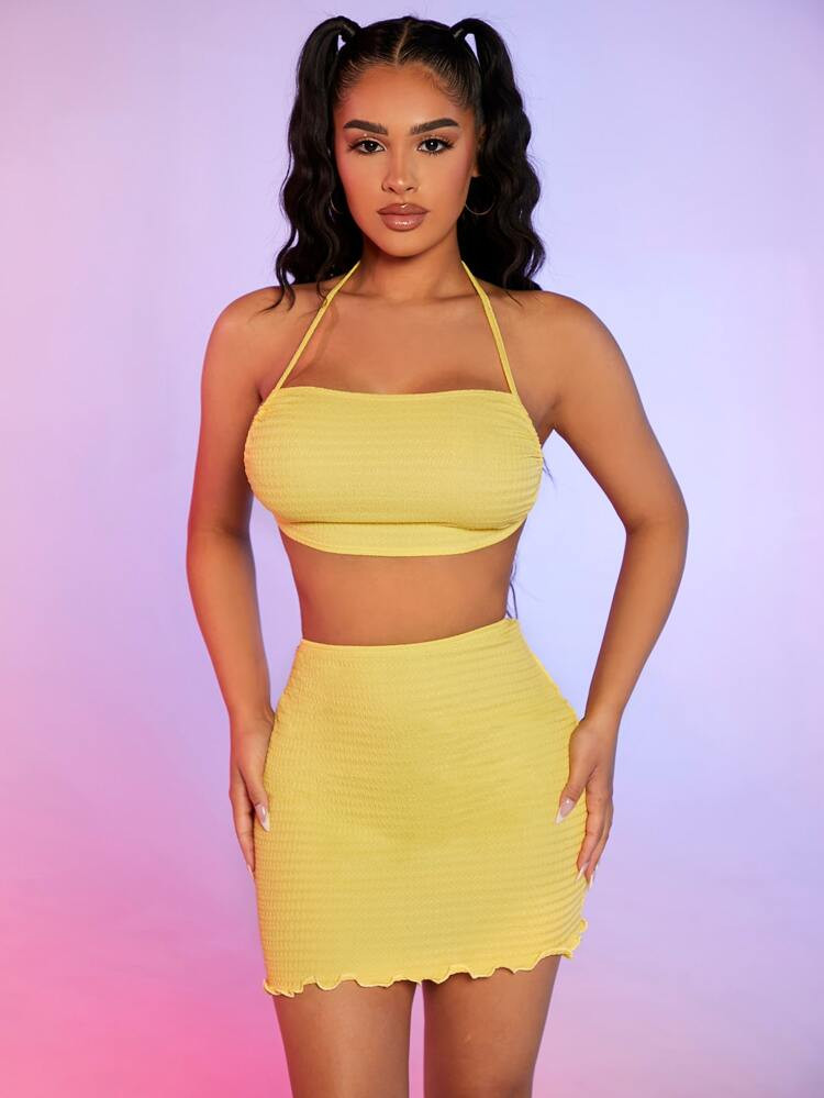 SHEIN SXY Textured Tie Backless Halter Top & Lettuce Trim Skirt | SHEIN