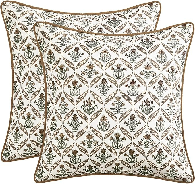 MIULEE Floral Throw Pillow Covers 20x20 Set of 2 Brown Spring Decorative Block Print Cotton Cushi... | Amazon (US)