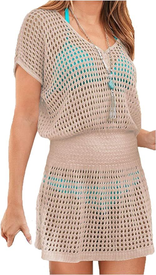 Wander Ago Beach Tops Sexy Knit Cover Dresses Bikini Cover-ups Nets Short Skirt | Amazon (US)