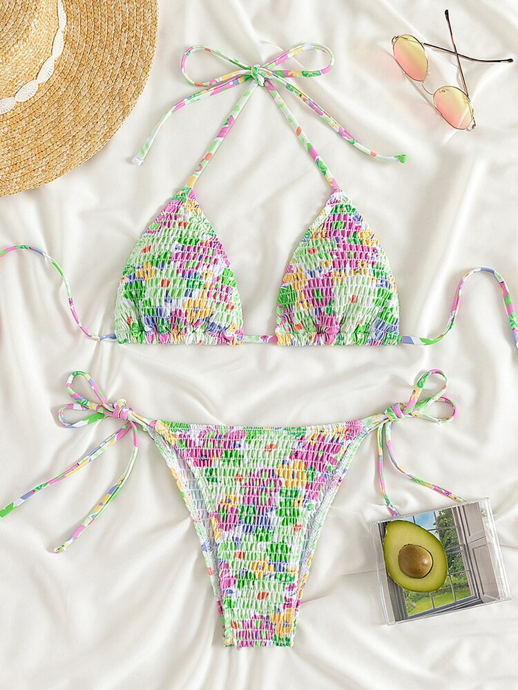 Random Floral Print Bikini Set Smocked Halter Triangle Bra Top & Tie Side Bikini Bottom 2 Piece S... | SHEIN