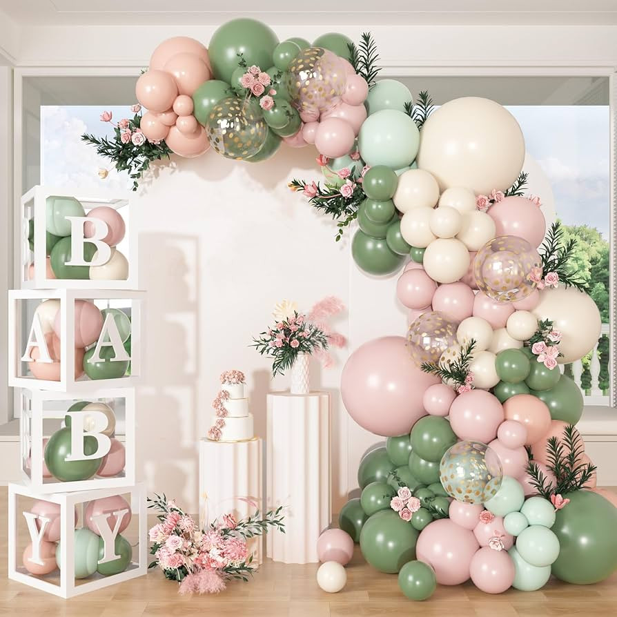153Pcs Pink and Sage Green Balloon Arch Kit, Baby in Bloom Baby Shower Decorations for Girl Boxes... | Amazon (US)